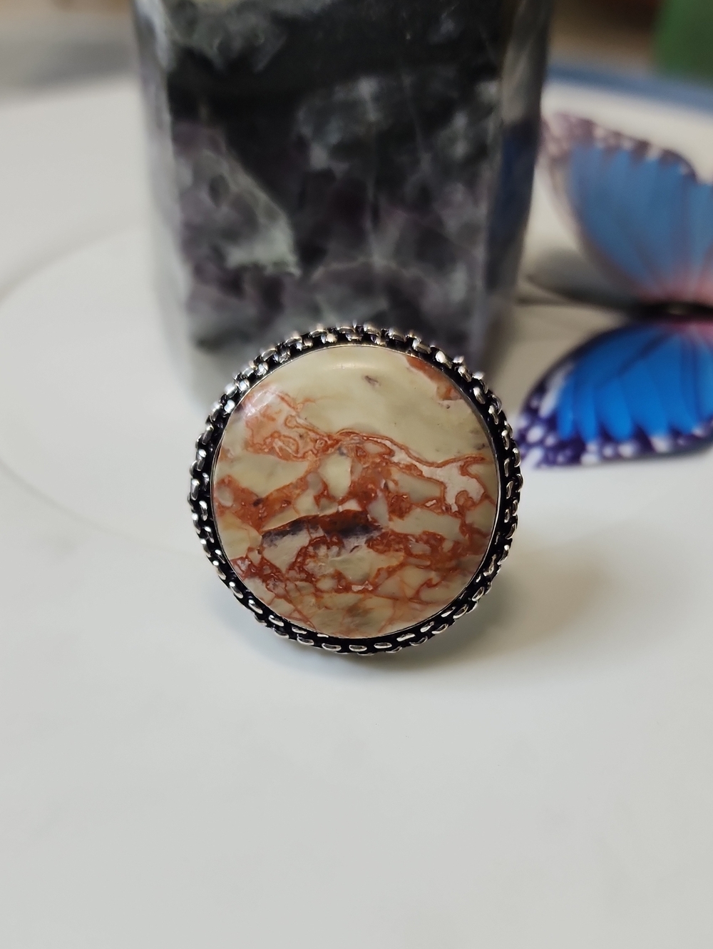 Handcrafted Marbled Beige and Brown Statement Ring
